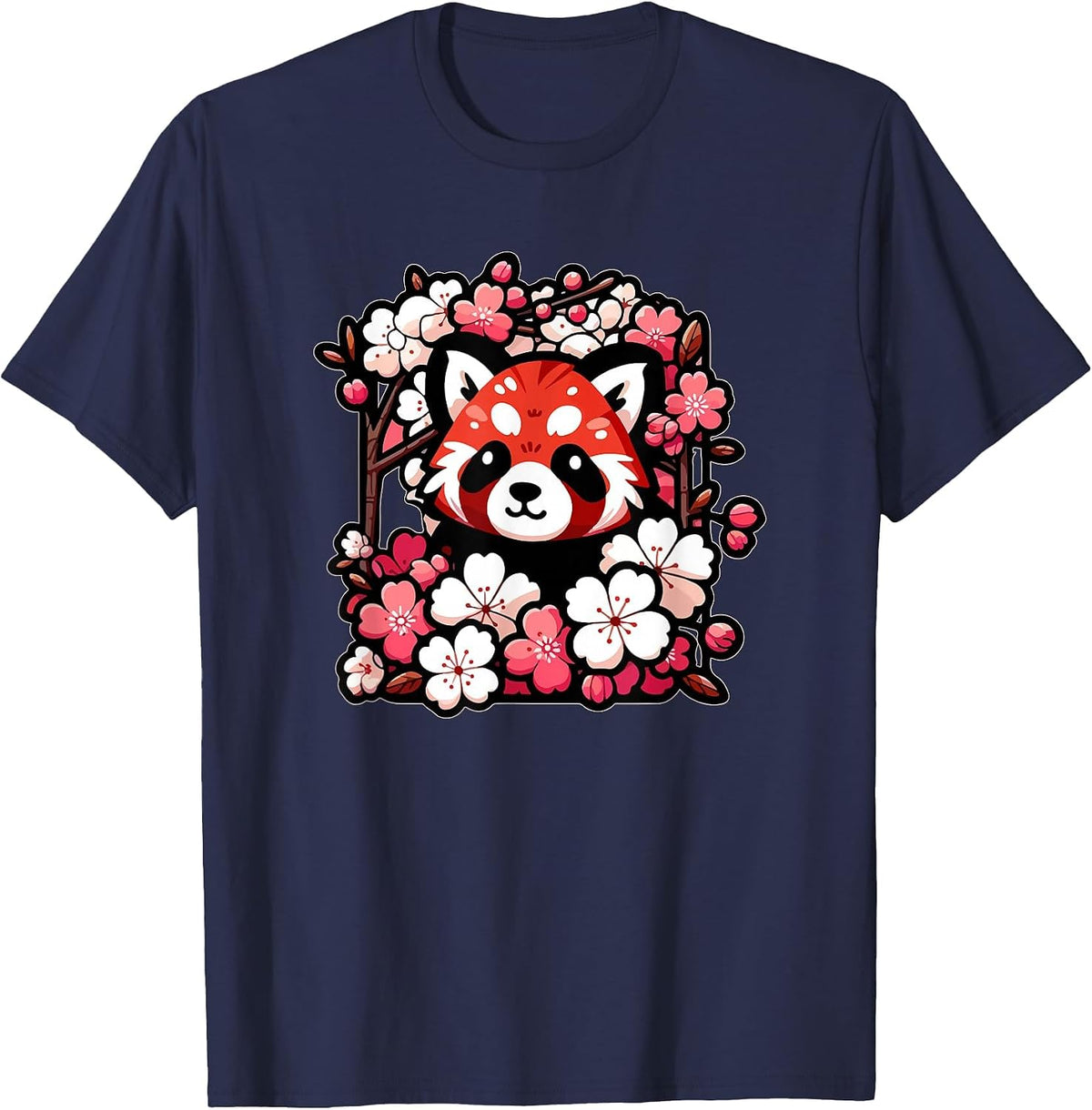 Kawaii Red Panda Japanese Cherry Blossoms Sakura Flower Art Tees T Shirts - Navy Blue