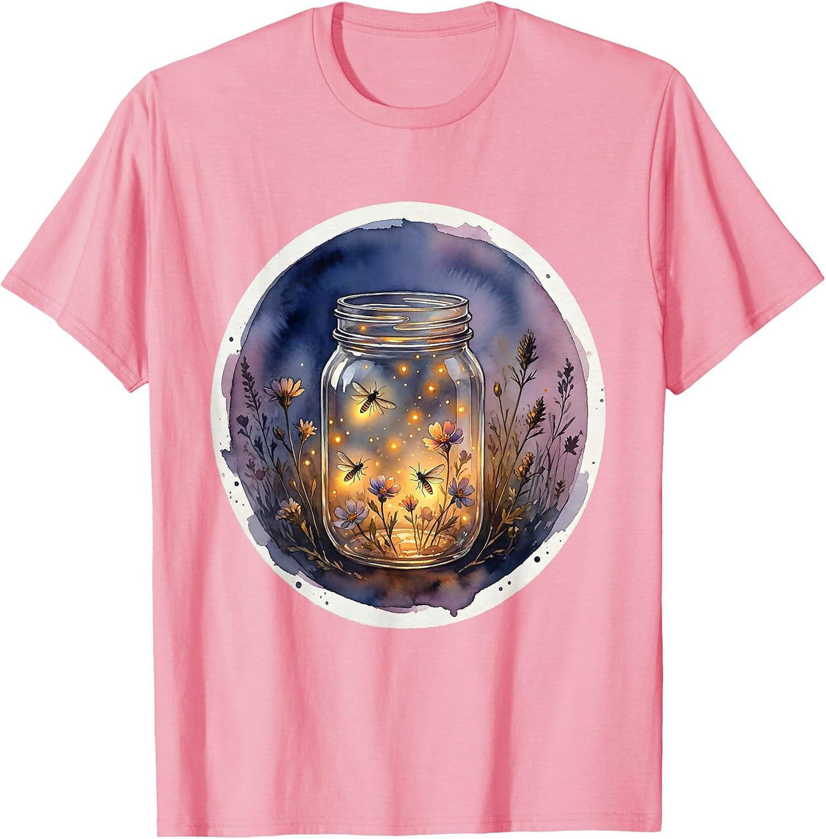 Men's Nana Mason Jar Fireflies Dusk Illustration T-Shirt - Pink