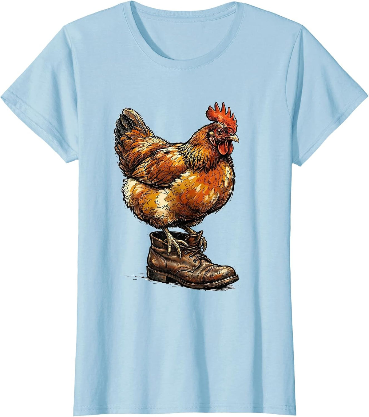 Women's Puffed Hen On Boot Funny Chicken Lover Farm Humor T-Shirt - Baby Blue