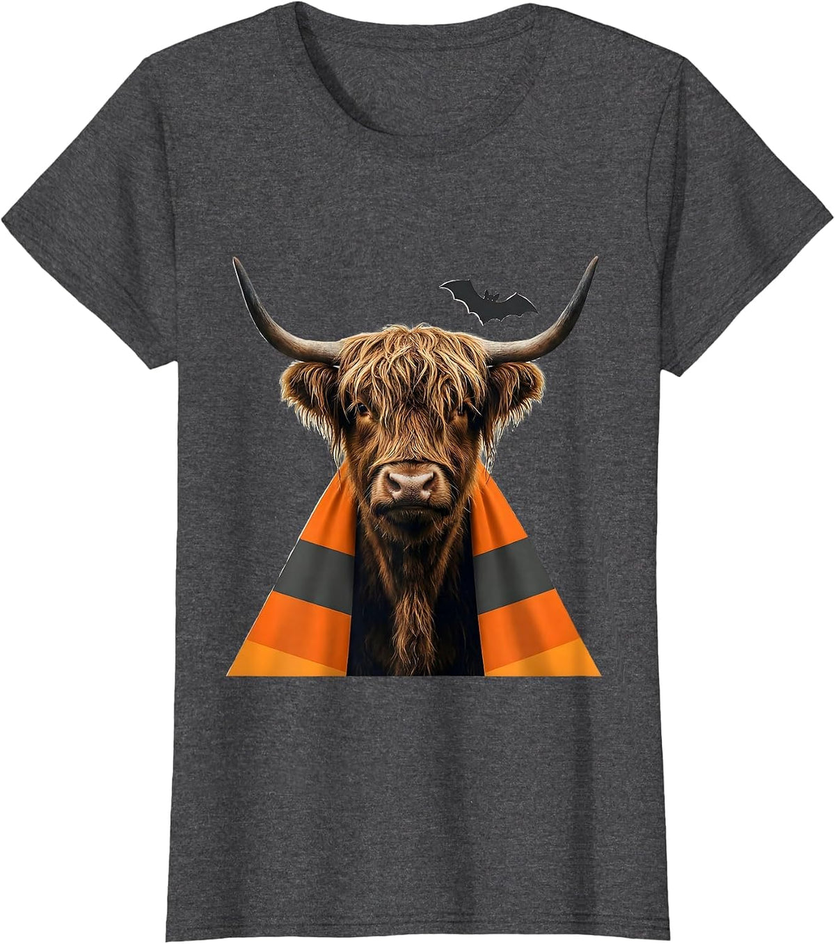 Women's Shaggy Highland Cow Candy Corn Cape Halloween Humor T-Shirt - Dark Heather Grey