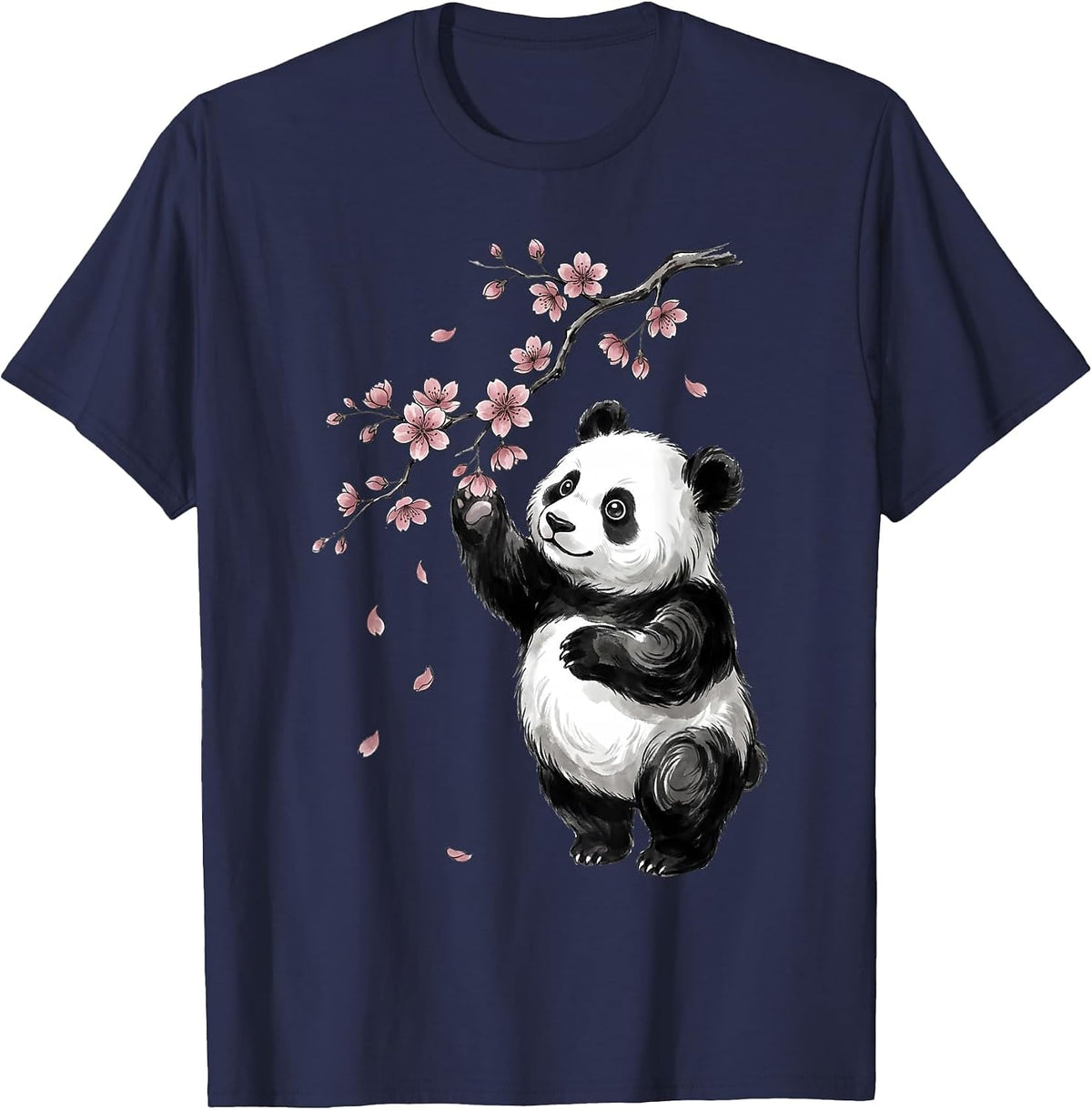Panda Bear Sakura Cherry Blossom Japanese Art Graphic T-Shirt - Navy Blue