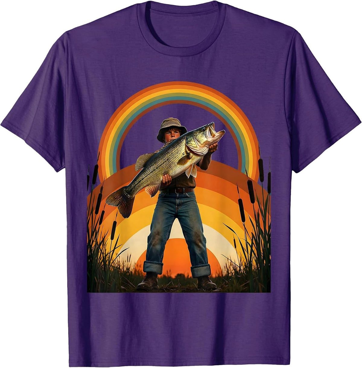 Young Angler Holding Giant Trophy Bass Fishing T-Shirt - Purple