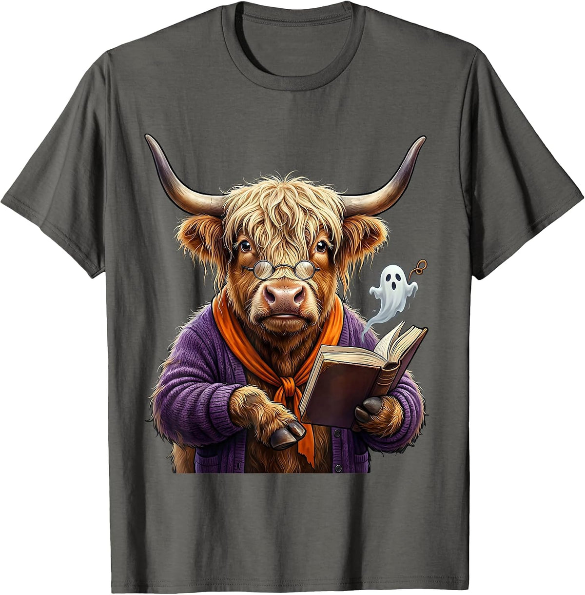 Men's Shaggy Highland Cow Haunted Librarian Halloween Humor T-Shirt - Asphalt Grey