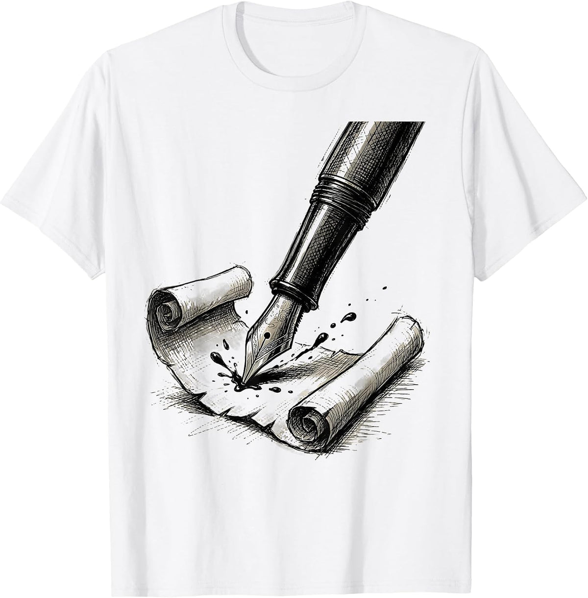 Men's English Teacher Fountain Pen Parchment Scroll Design T-Shirt - White