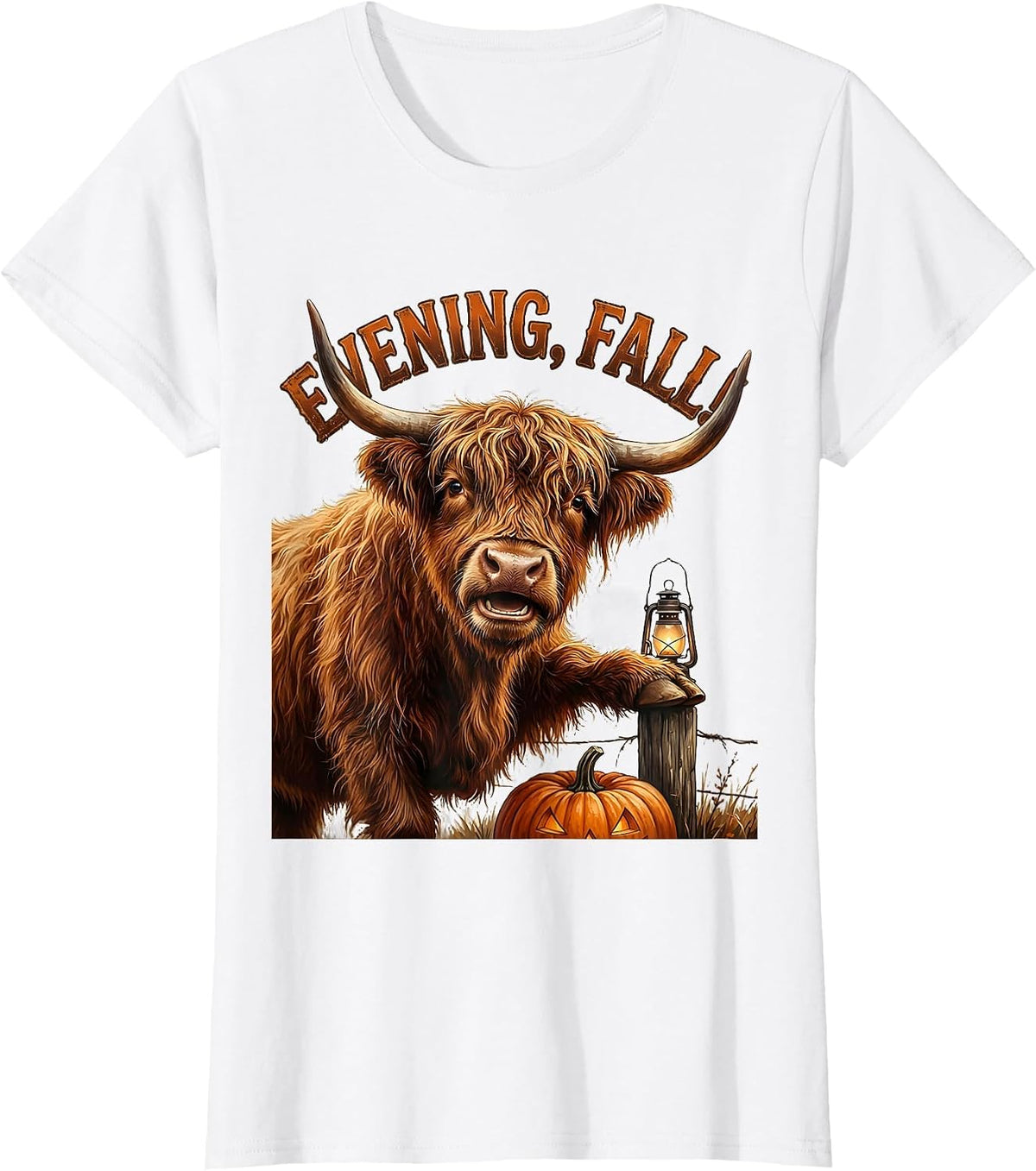 Women's Evening, Fall! Whimsical Highland Cow Halloween Humor T-Shirt - White