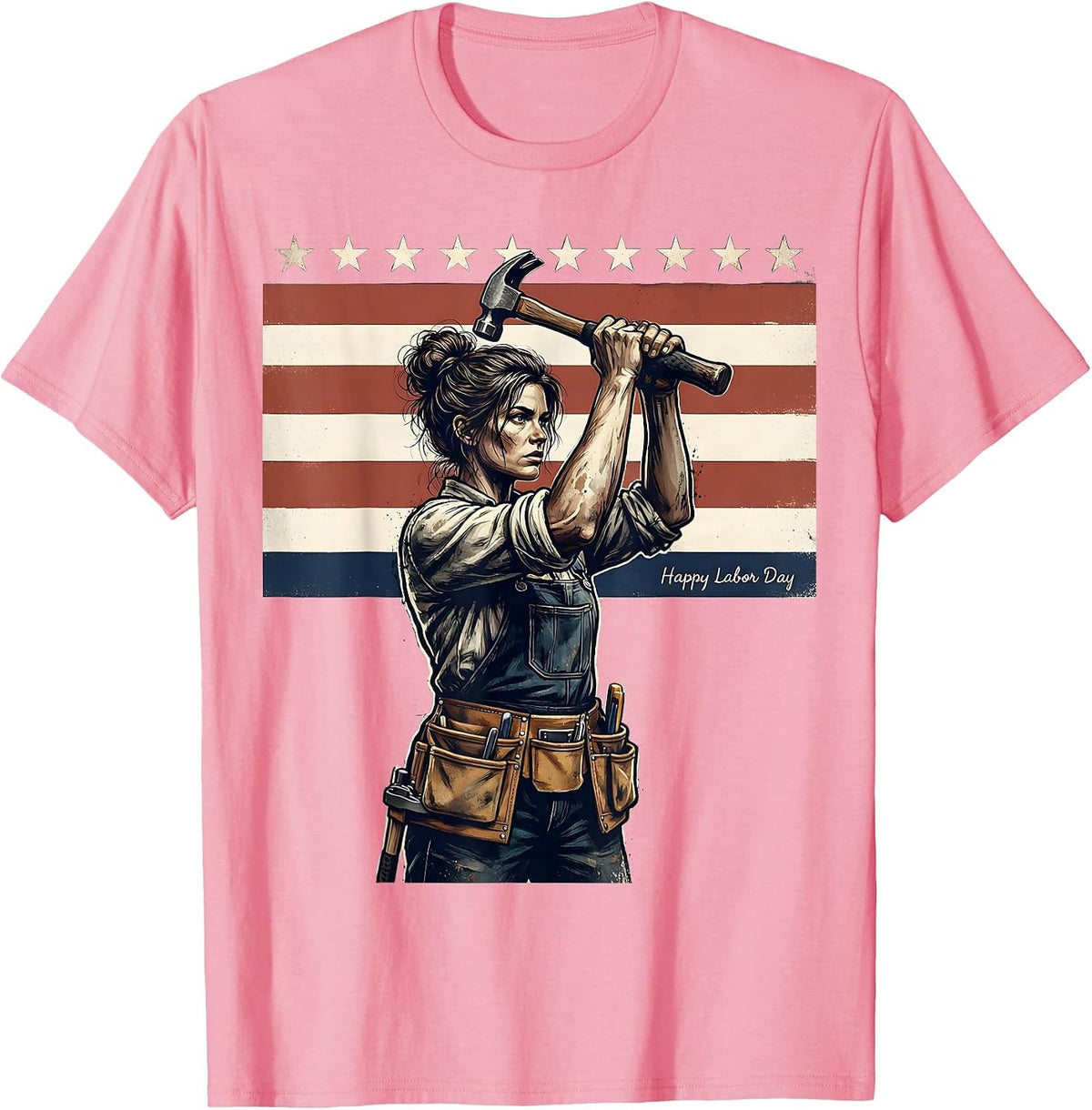 Men's Happy Labor Day Distressed Patriotic Woman Messy Bun Holiday T-Shirt - Pink