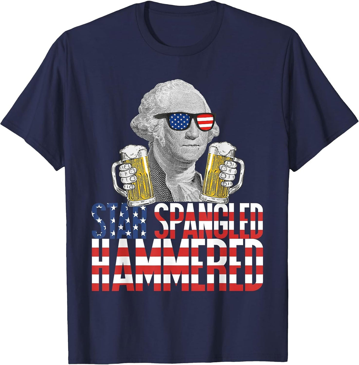 Star Spangled Hammered George Washington Beer Lover T-Shirt - Navy Blue