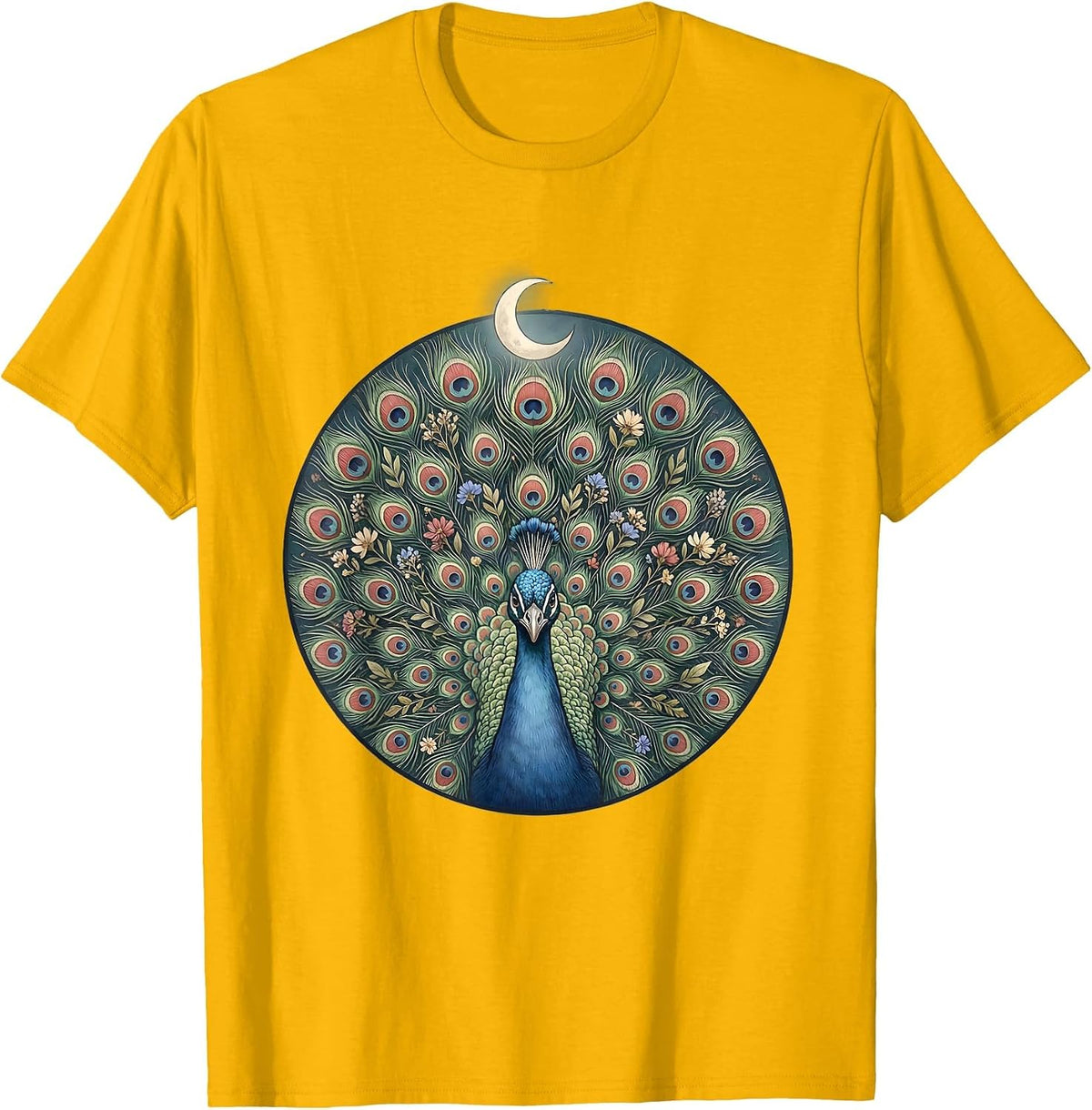 Men's Red White and Blue Peacock Tail Fan Design T-Shirt - Golden Yellow