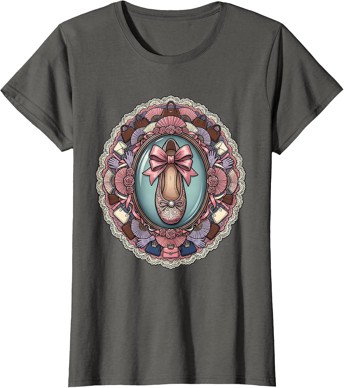 Women's Ballet Flat Shoes Fashion Sketch Illustration T-Shirt - Asphalt Grey