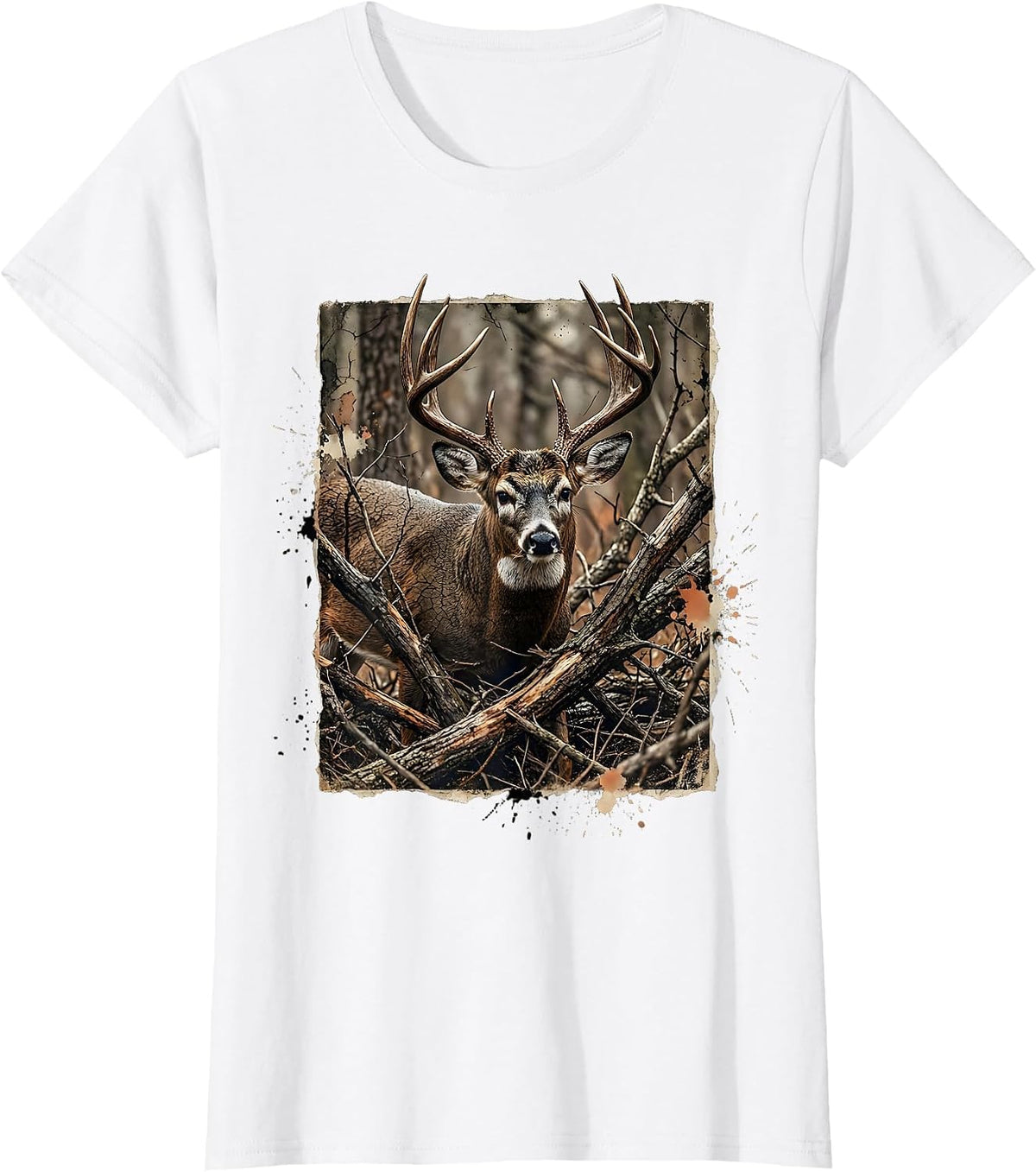 Camo Whitetail Buck Behind Fallen Branches T-Shirt - White
