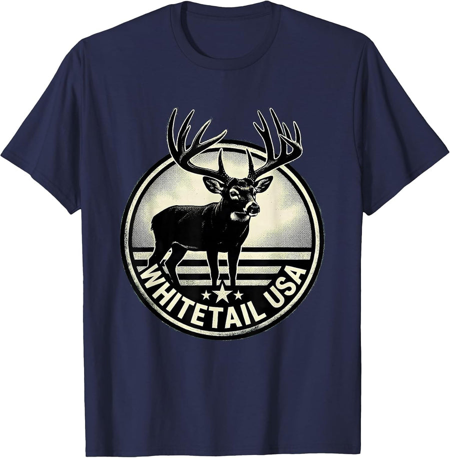 Whitetail USA Silhouette Whitetail Buck Hunting Dad Gift T-Shirt - Navy Blue