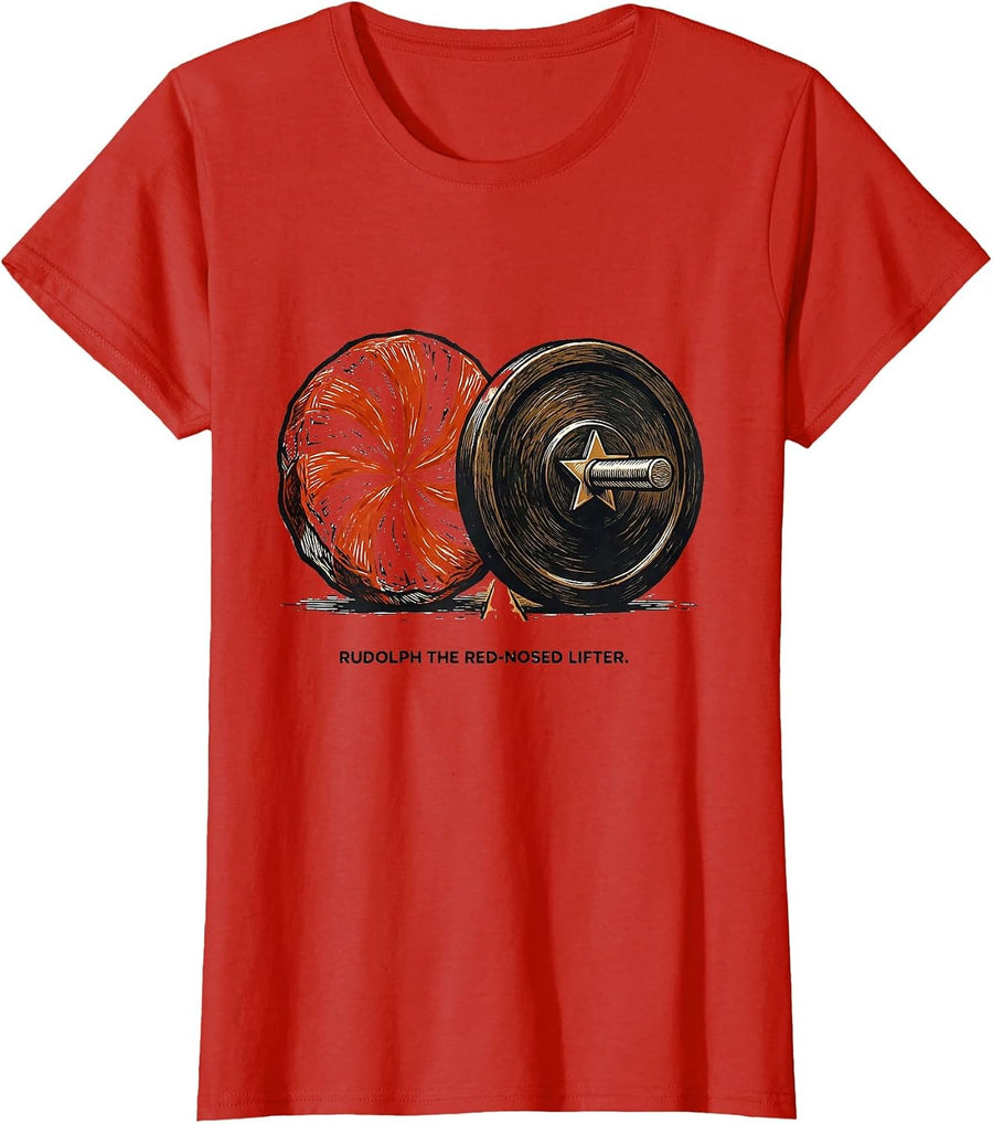 Women's Rudolph The Red-Nosed Lifter Funny Christmas Gym Workout T-Shirt - Red