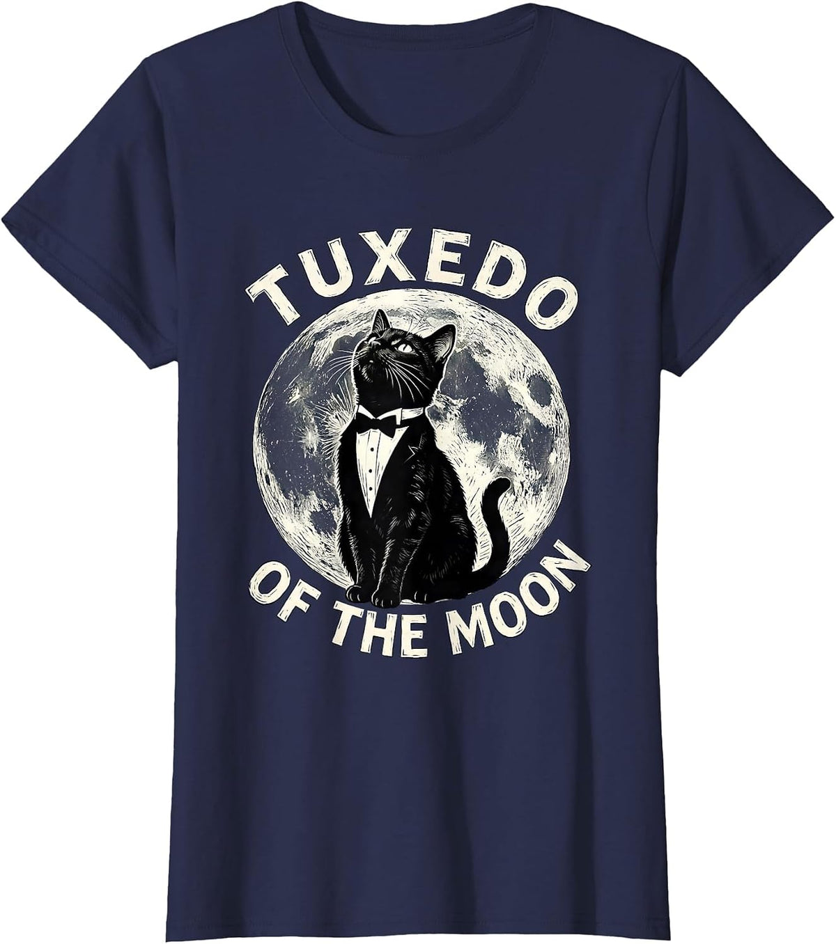 Women's Tuxedo Of The Moon Linocut Tuxedo Cat Retro Humor T-Shirt - Navy Blue