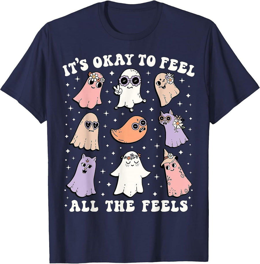 It’s Okay to Feel All the Feels Special Ed Teacher Halloween T-Shirt - Navy Blue