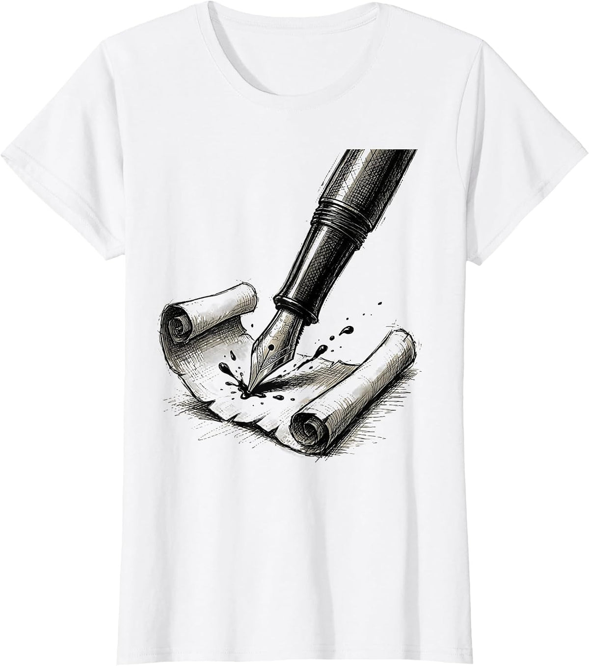 Women's English Teacher Fountain Pen Parchment Scroll Design T-Shirt - White