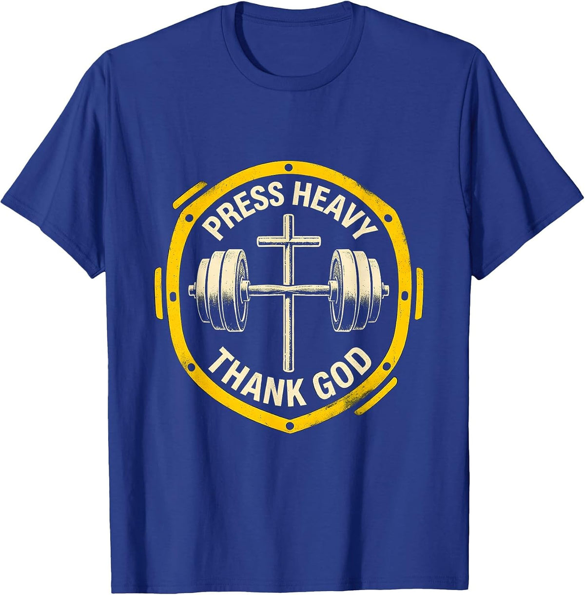 Press Heavy Thank God Stencil Christian Gym Faith Fitness T-Shirt - Royal Blue