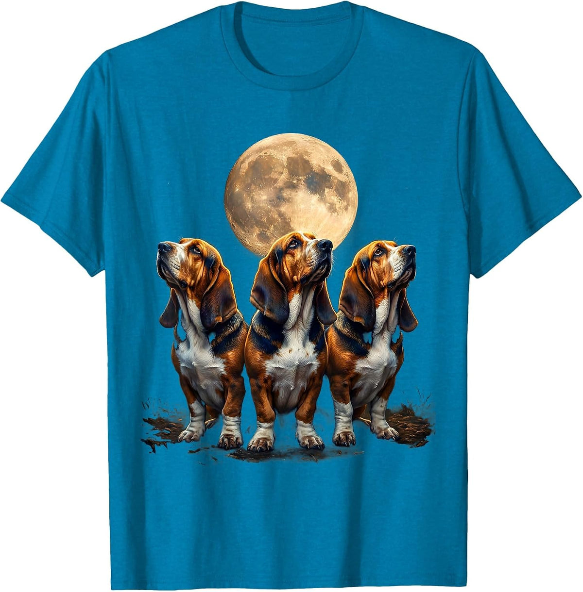 Three Basset Hounds Moon Howling Funny Pet Lover Humor T-Shirt - Sapphire Blue