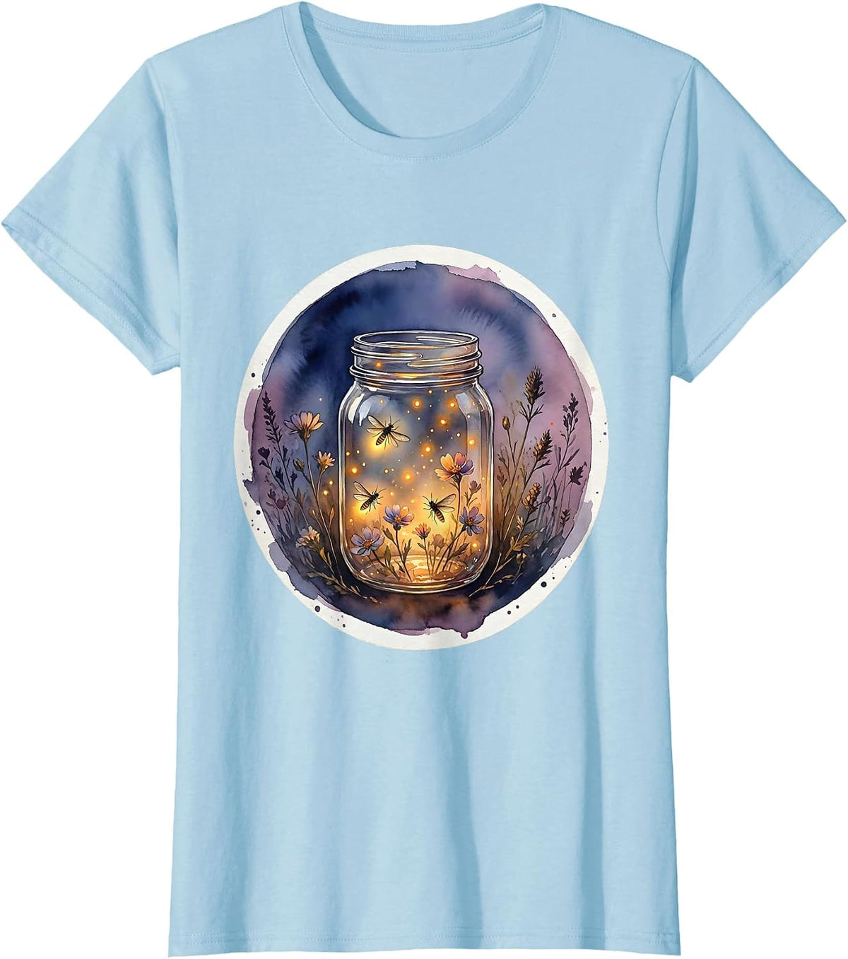 Women's Nana Mason Jar Fireflies Dusk Illustration T-Shirt - Baby Blue