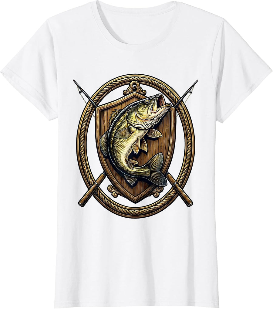 Women's Trophy Bass Mounted Plaque Fishing Graphic T-Shirt - White