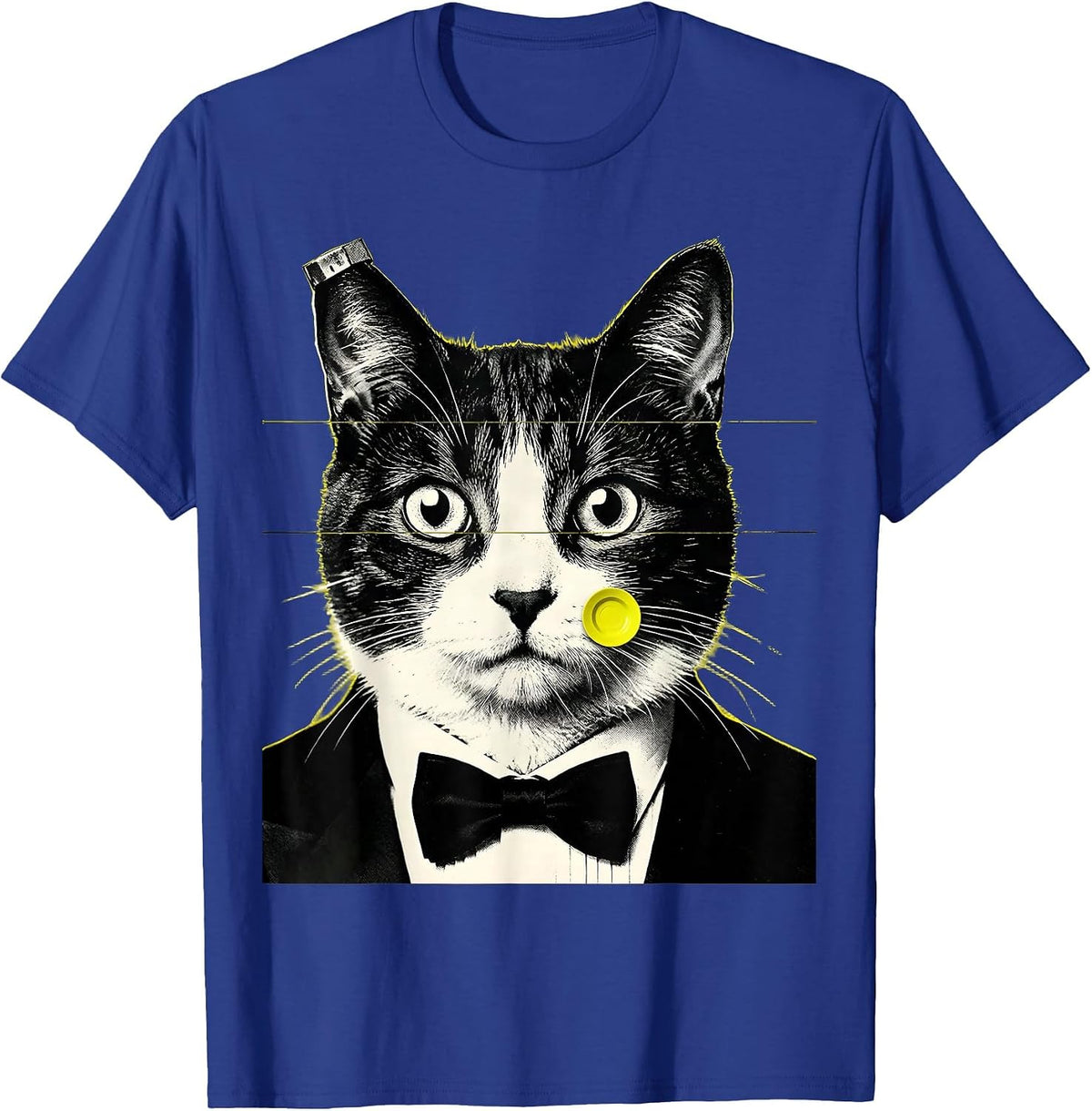 Men's Monumental Tuxedo Cat UFO Screenprint Poster Novelty T-Shirt - Royal Blue