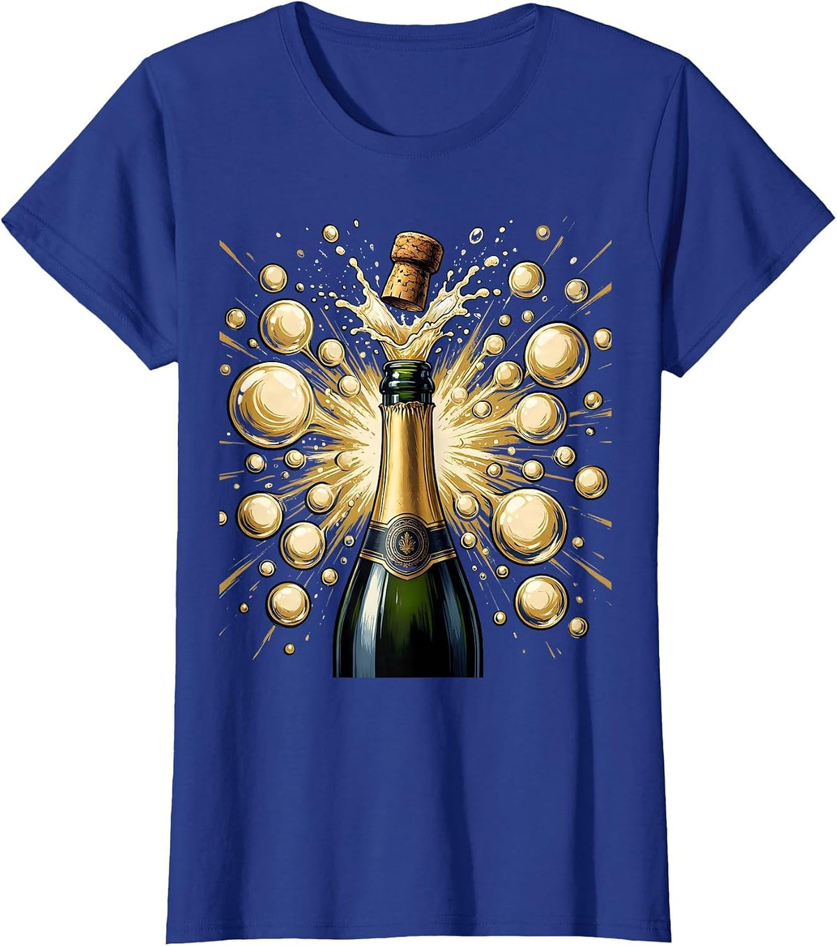 Women's Champagne Explosion Burst of Bubbles Graphic Tee T-Shirt - Royal Blue