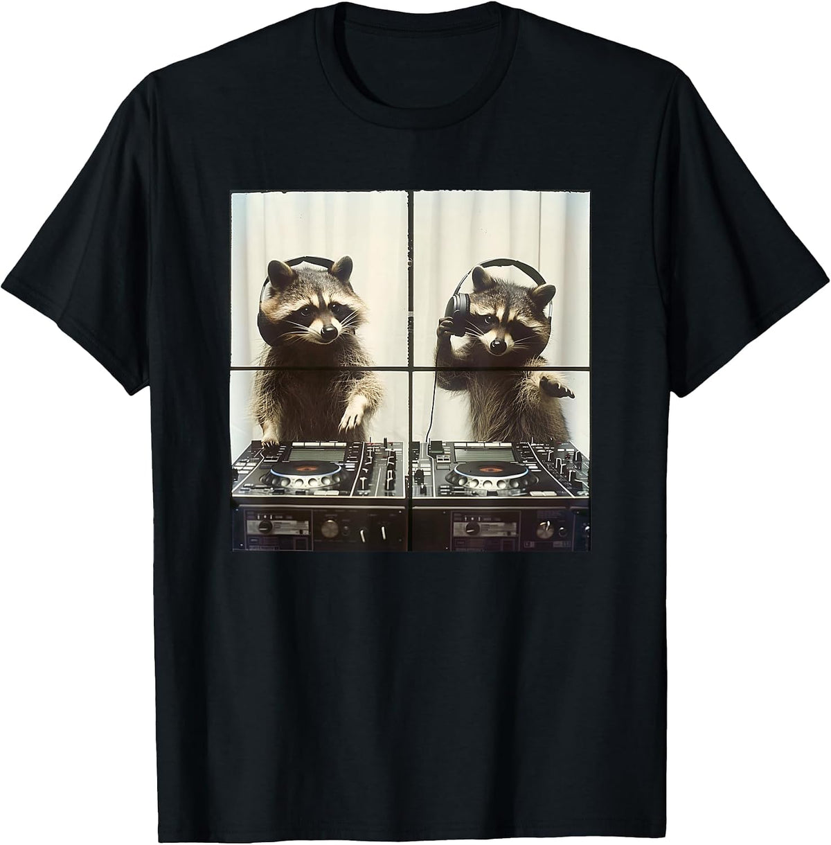 Hip Hop Raccoon Scratching Vinyl Raccoon DJ T-Shirt - Black