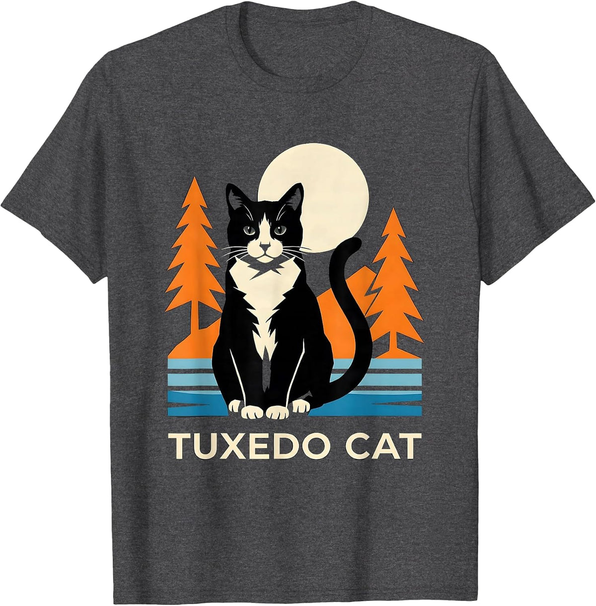 Men's Tuxedo Cat Stencil Graphic 90s Retro Cat Lover Portrait T-Shirt - Dark Heather Grey