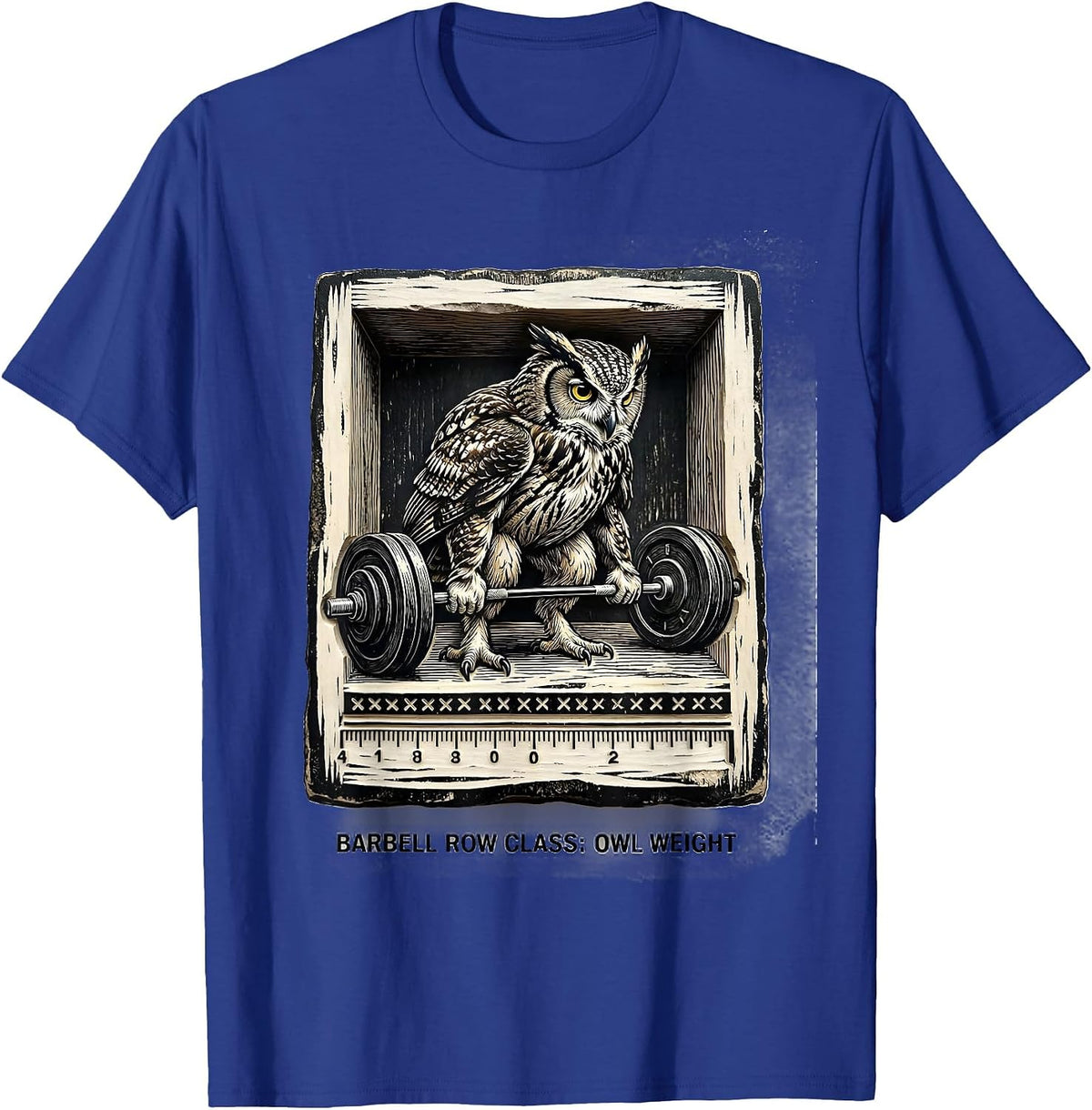 Men's Barbell Row Class: Owl Weight Funny Gym Animal Pun Workout T-Shirt - Royal Blue