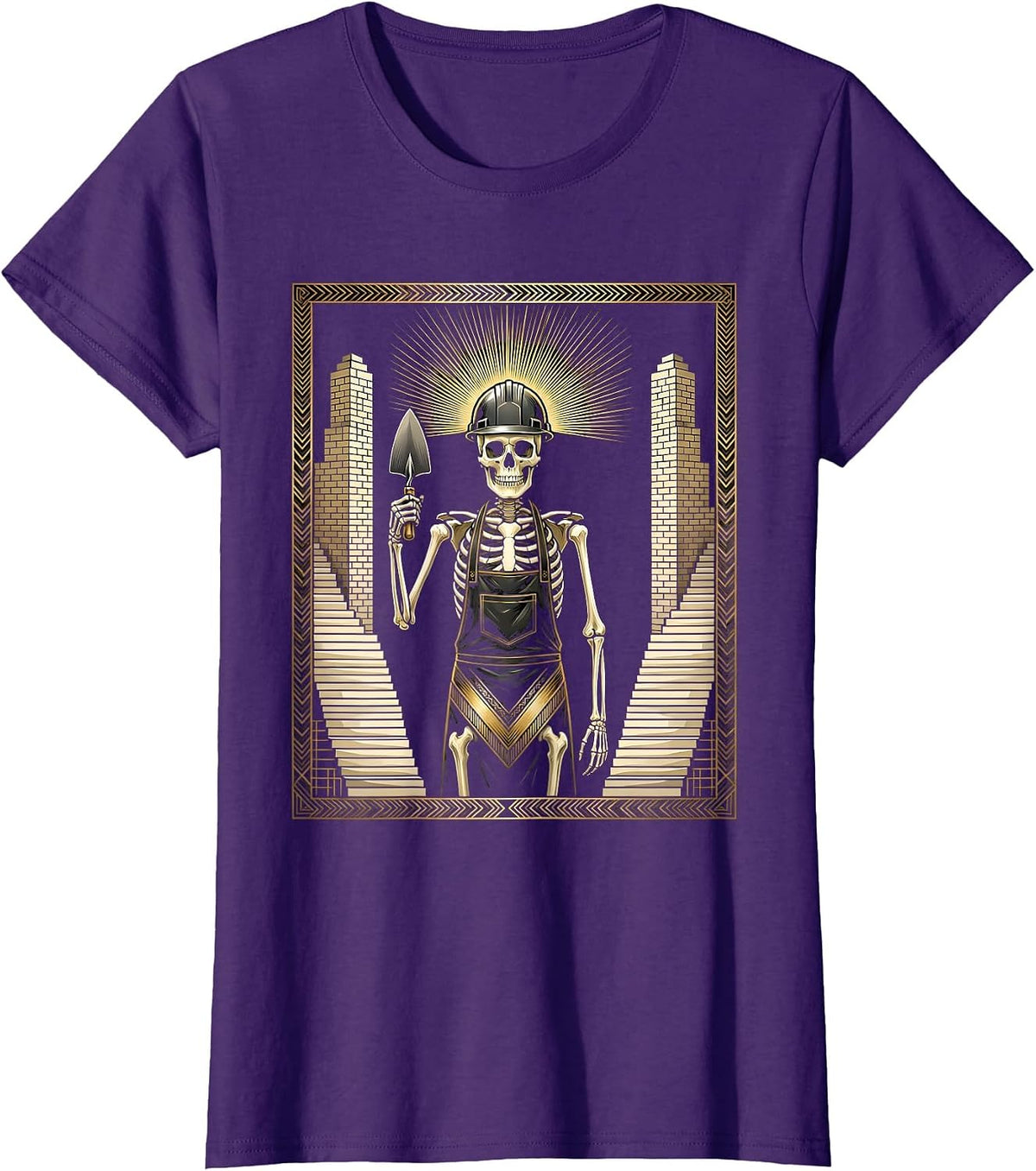 Women's Skeleton Mason Laying Bricks at Midnight T-Shirt - Purple