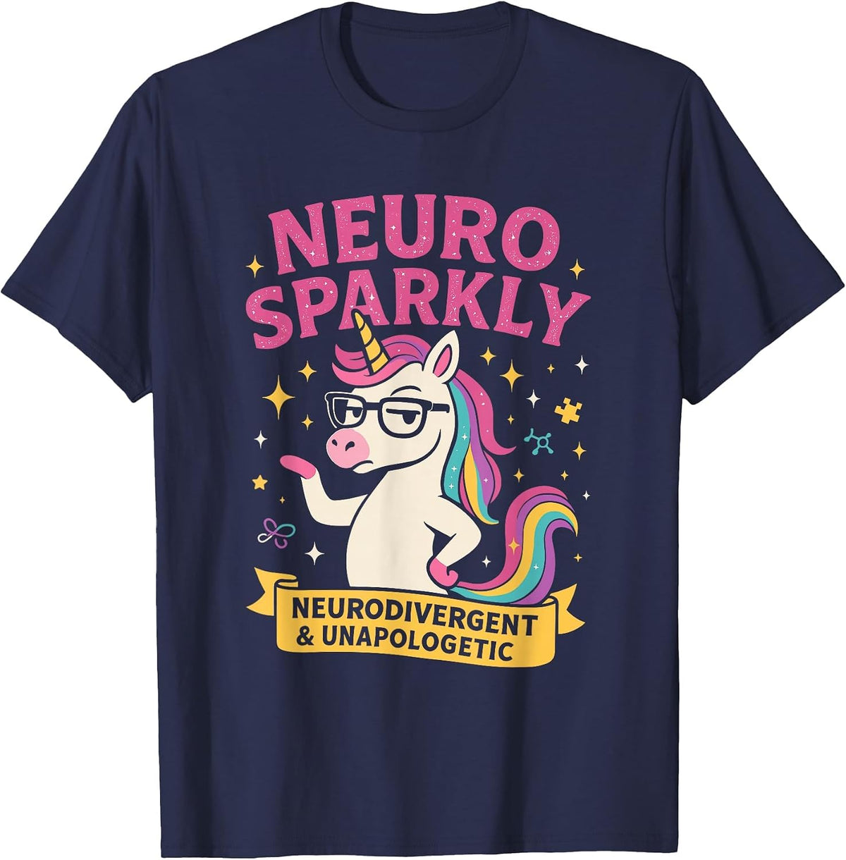 Neuro Sparkly Autism Awareness Neurodivergent ADHD Unicorn Tees T Shirts - Navy Blue
