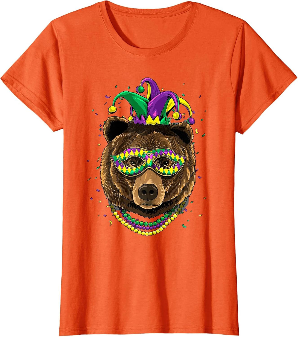Bear Animal Lover Cute Mardi Gras Carnival Jester T-Shirt, Women, Orange, Medium - As Pictured