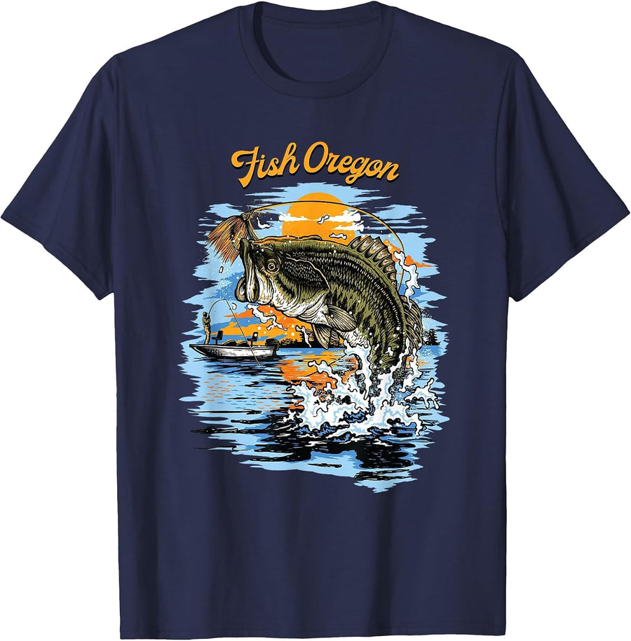Largemouth Bass Fishing T-Shirt | Fish Oregon T-Shirt - Navy Blue