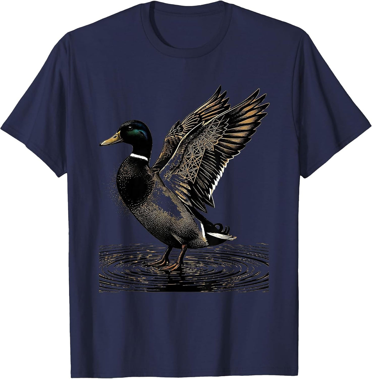Men's Camo Mallard Duck Landing on Still Water T-Shirt - Navy Blue