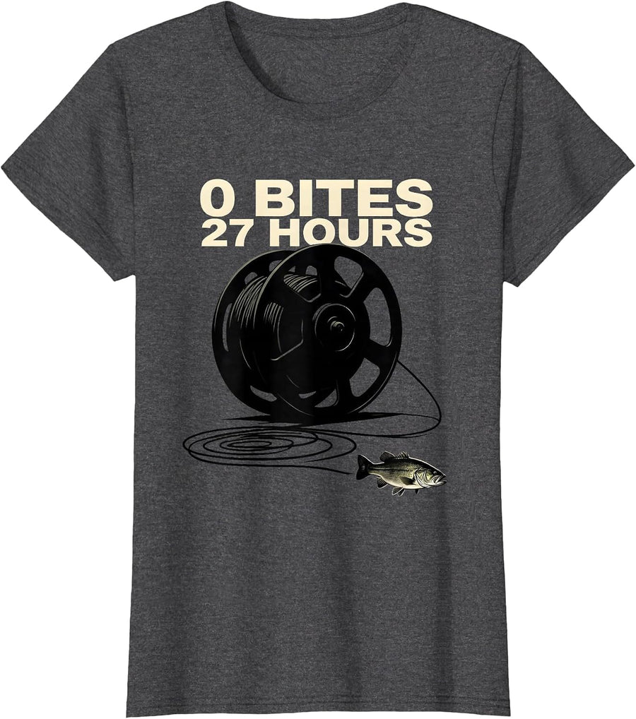 Women's 0 Bites 27 Hours Funny Bass Fishing Humor Fisherman Gift T-Shirt - Dark Heather Grey