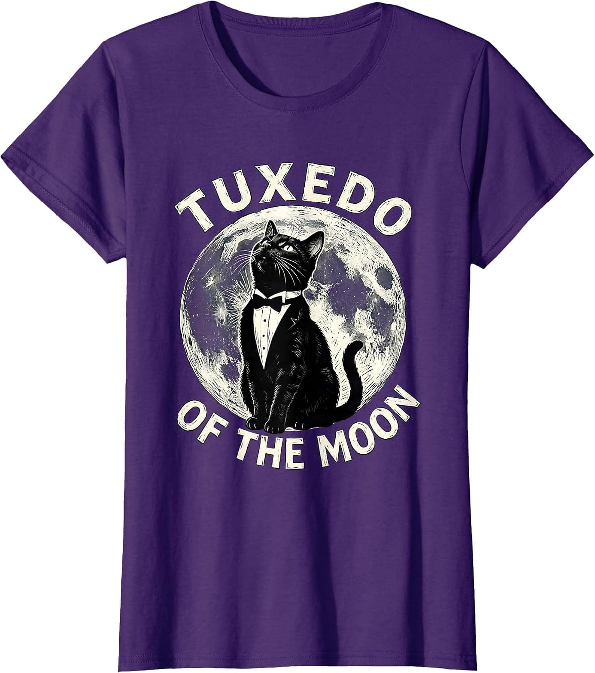 Women's Tuxedo Of The Moon Linocut Tuxedo Cat Retro Humor T-Shirt - Purple
