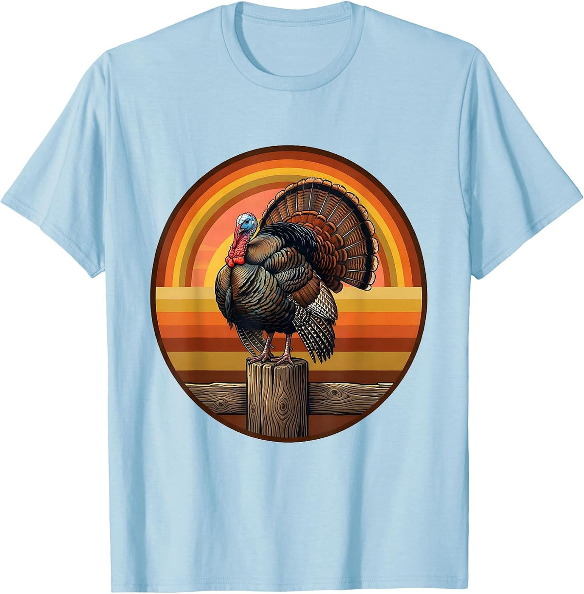 Men's Turkey on Rustic Fence Post Illustration T-Shirt - Baby Blue