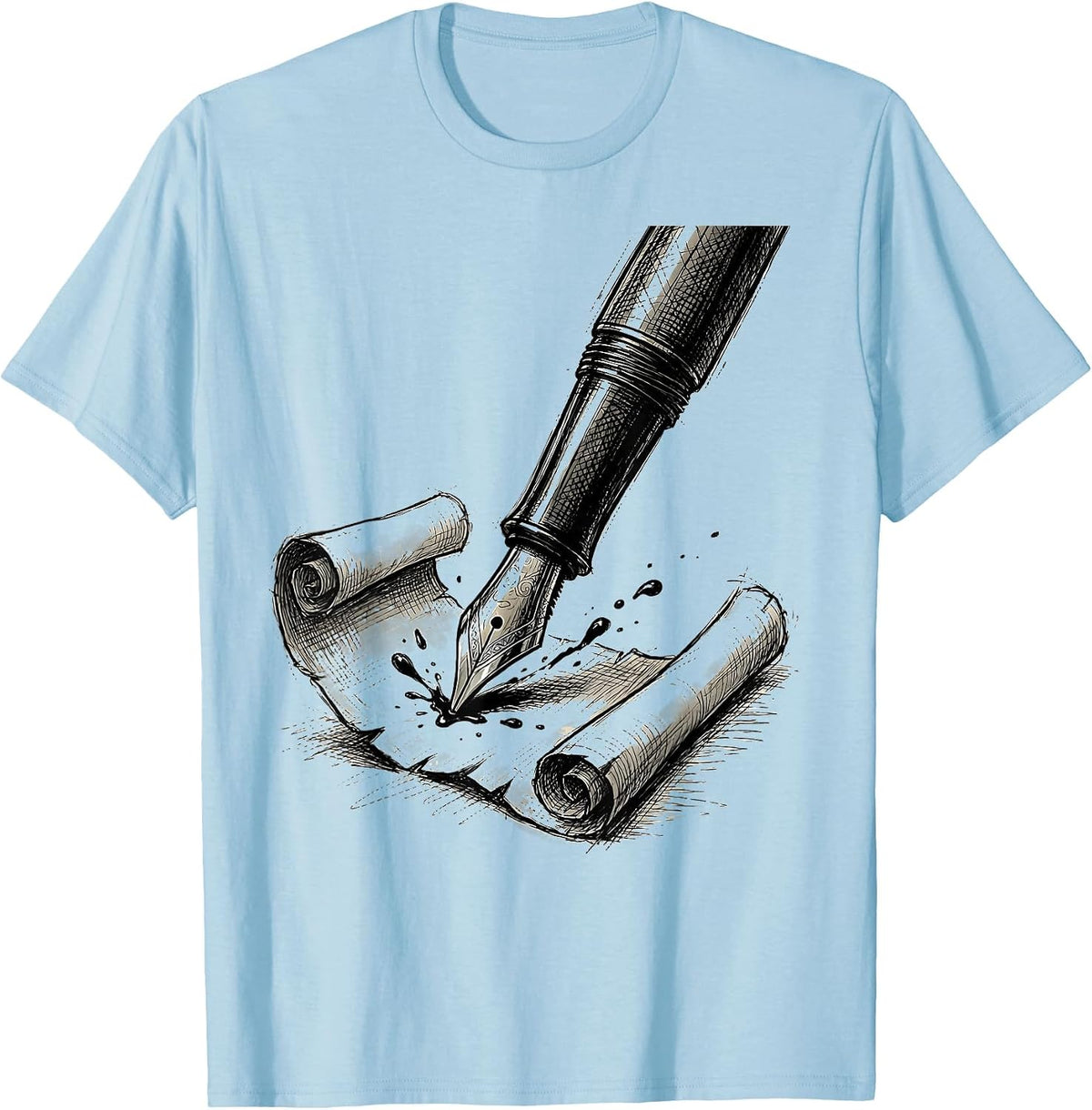 Men's English Teacher Fountain Pen Parchment Scroll Design T-Shirt - Baby Blue