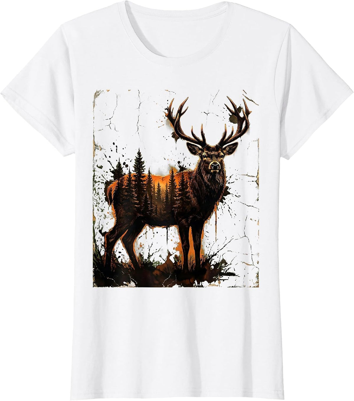 Buck Deer Silhouette Misty Forest Hunting Design T-Shirt - White