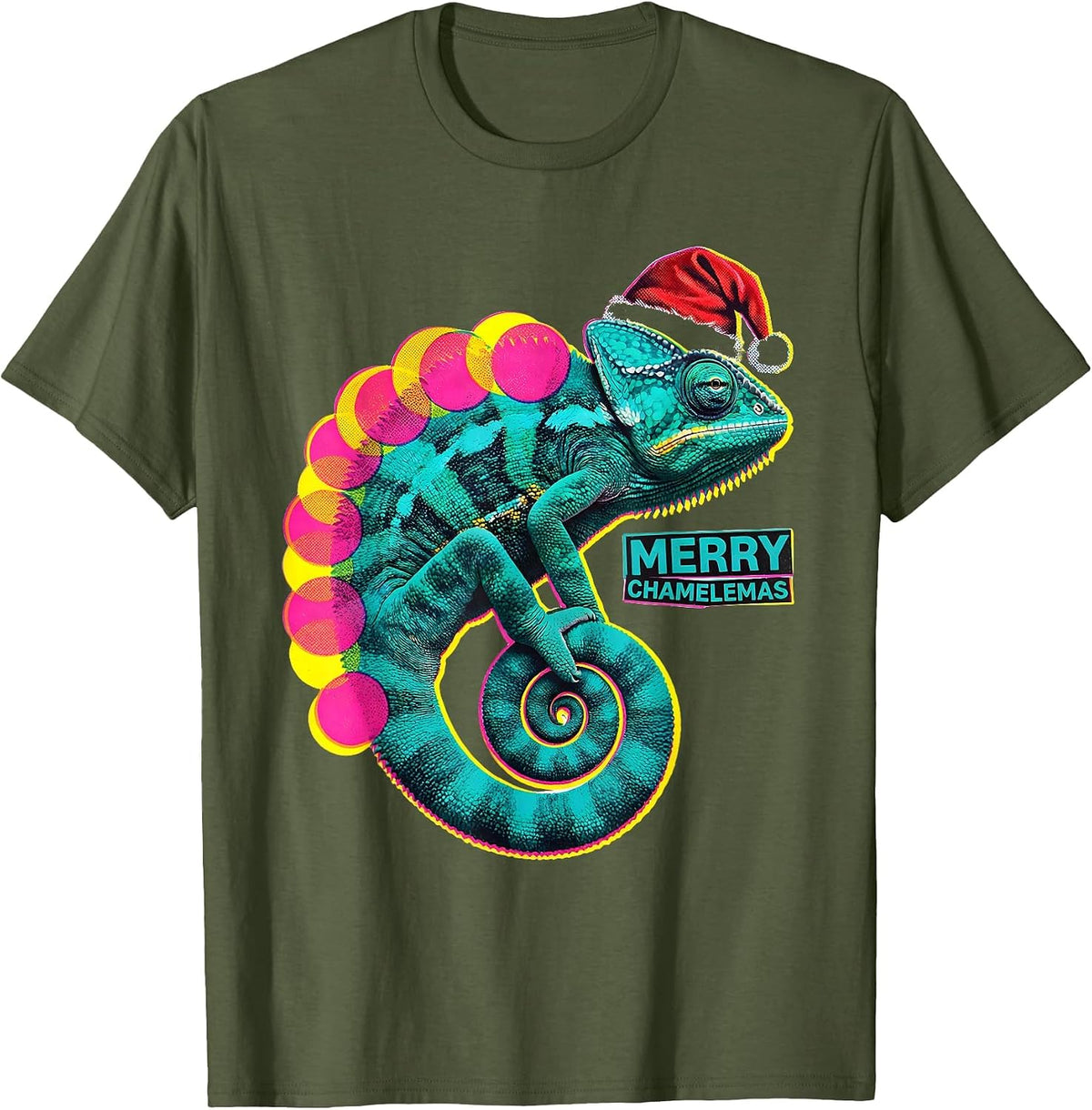 Merry Chamelemas Funny Animal Christmas Novelty Chameleon T-Shirt - Olive Green