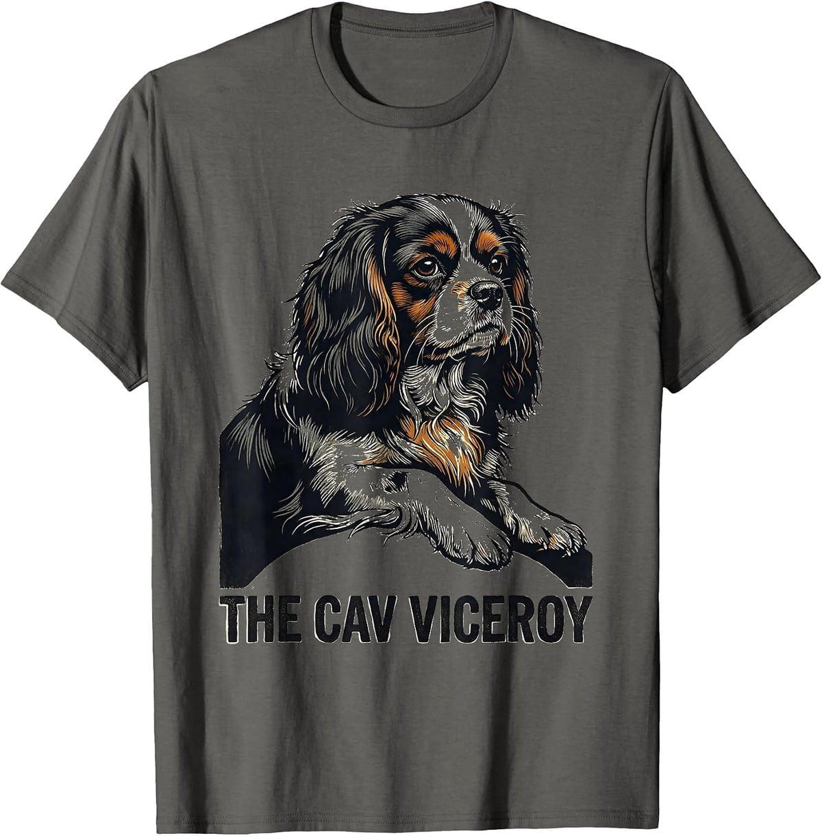 Men's The Cav Viceroy Linocut Cavalier King Charles Spaniel Dad T-Shirt - Asphalt Grey