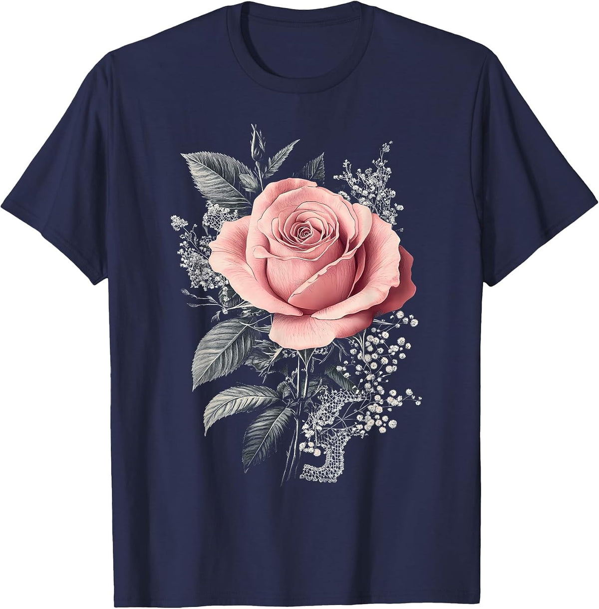Pink Rose Flower Botanist Garden Flower Pink Rose T-Shirt - Navy Blue