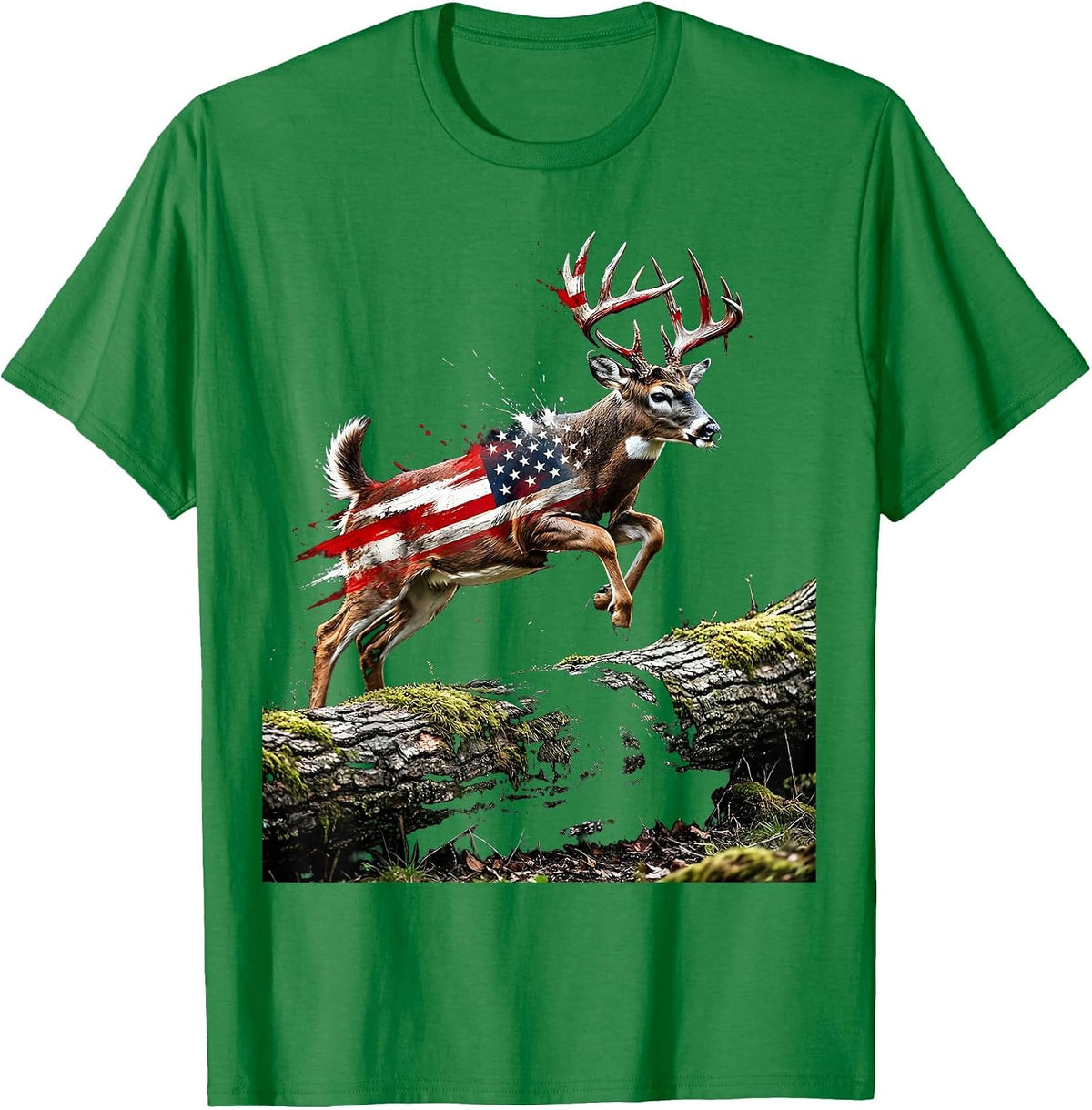 Men's Camo Whitetail Buck Leaping Over Fallen Log T-Shirt - Kelly Green