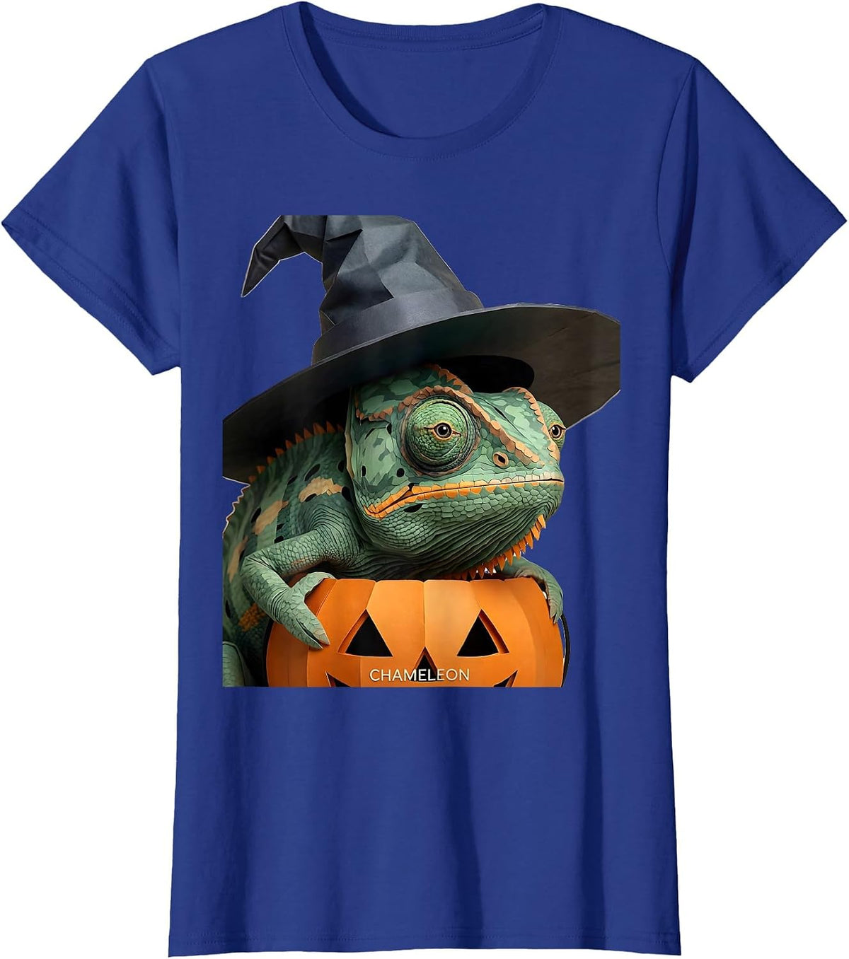 Women's Chameleon Paper Cutout Whimsical Halloween Witch Hat Animal T-Shirt - Royal Blue