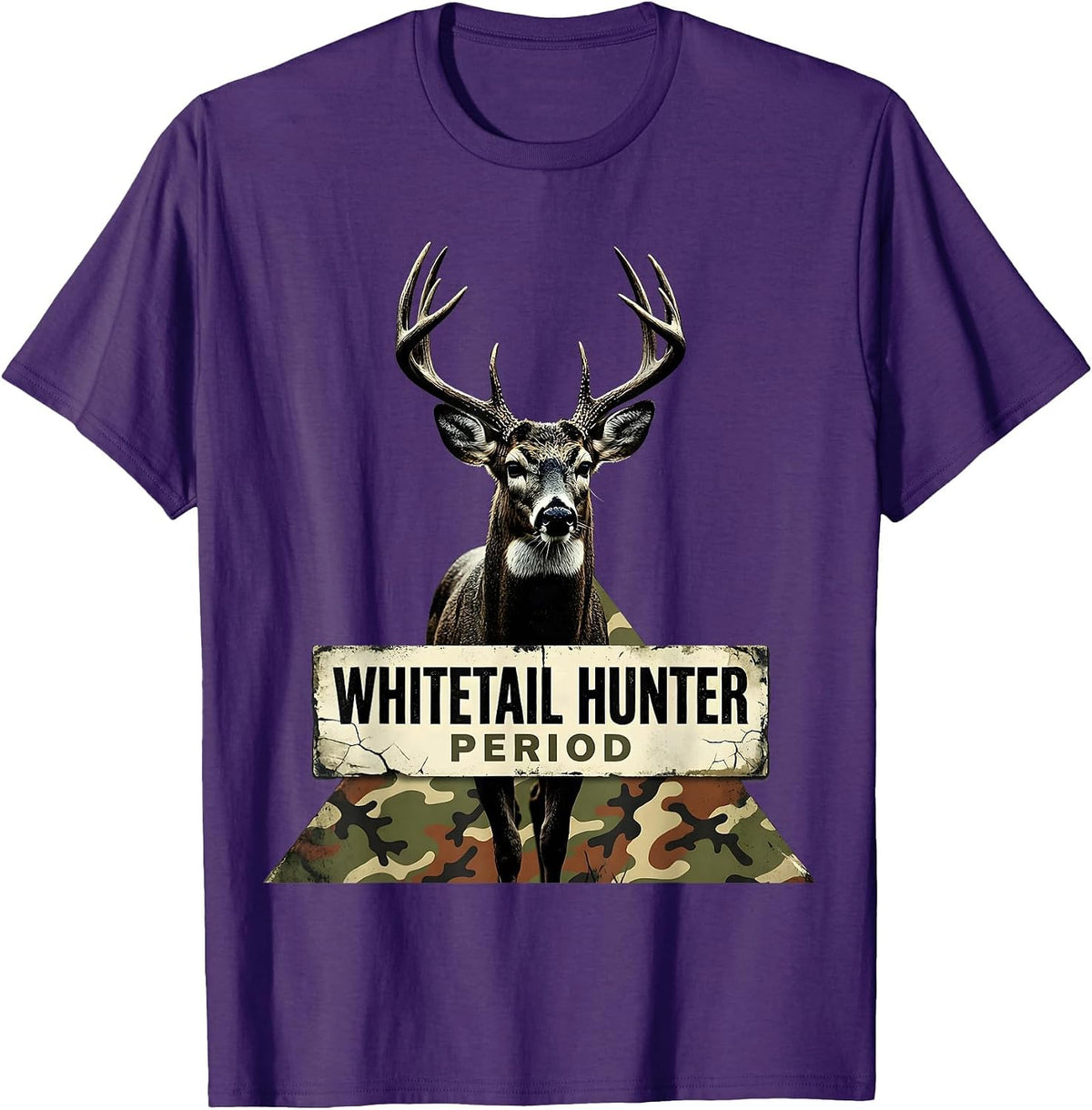 Whitetail Hunter, Period Distressed Camo Dad Hunting Humor T-Shirt - Purple