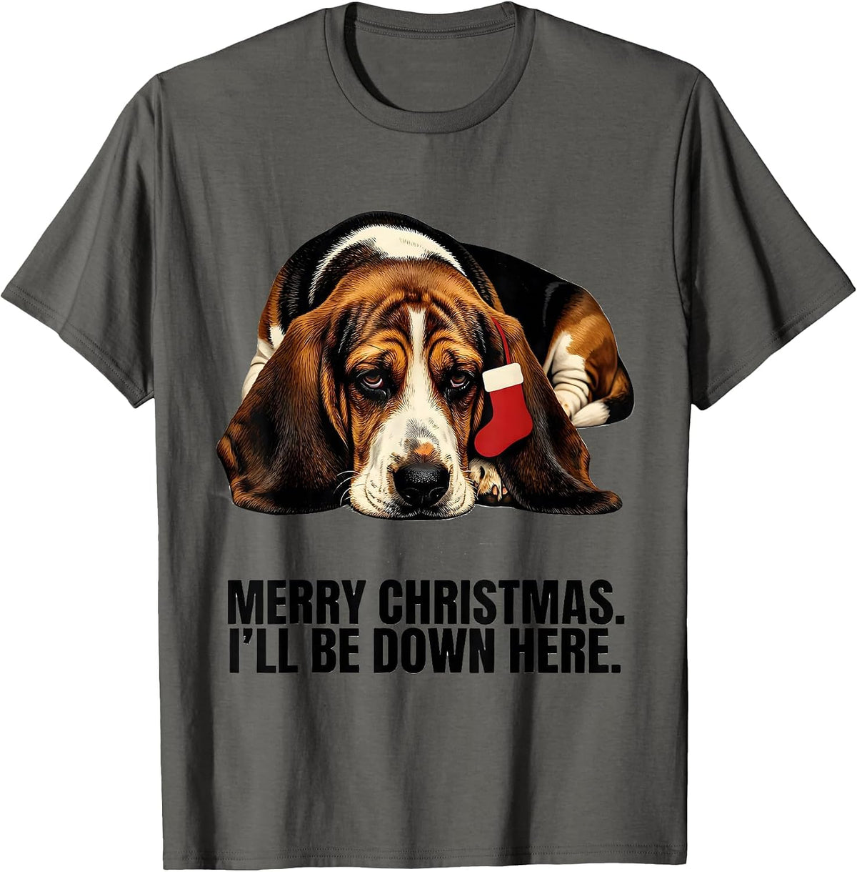 Merry Christmas I'll Be Down Here Funny Basset Hound Dog T-Shirt - Asphalt Grey