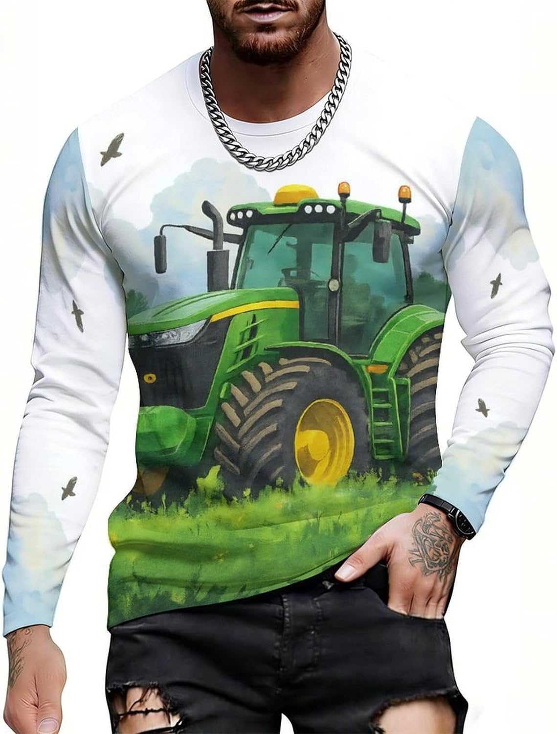 CASOWAT Long Sleeve Shirts for Men, Lightweight All-Over Print Casual Tee, Breathable Crewneck Long Sleeve Top - Style-3