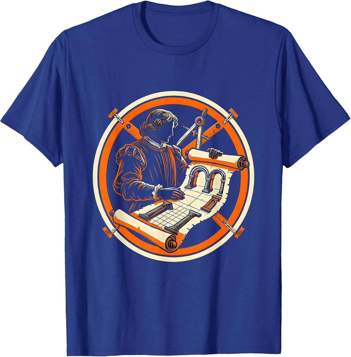 Men's Renaissance Architect Unrolling Blueprint Scroll T-Shirt - Royal Blue