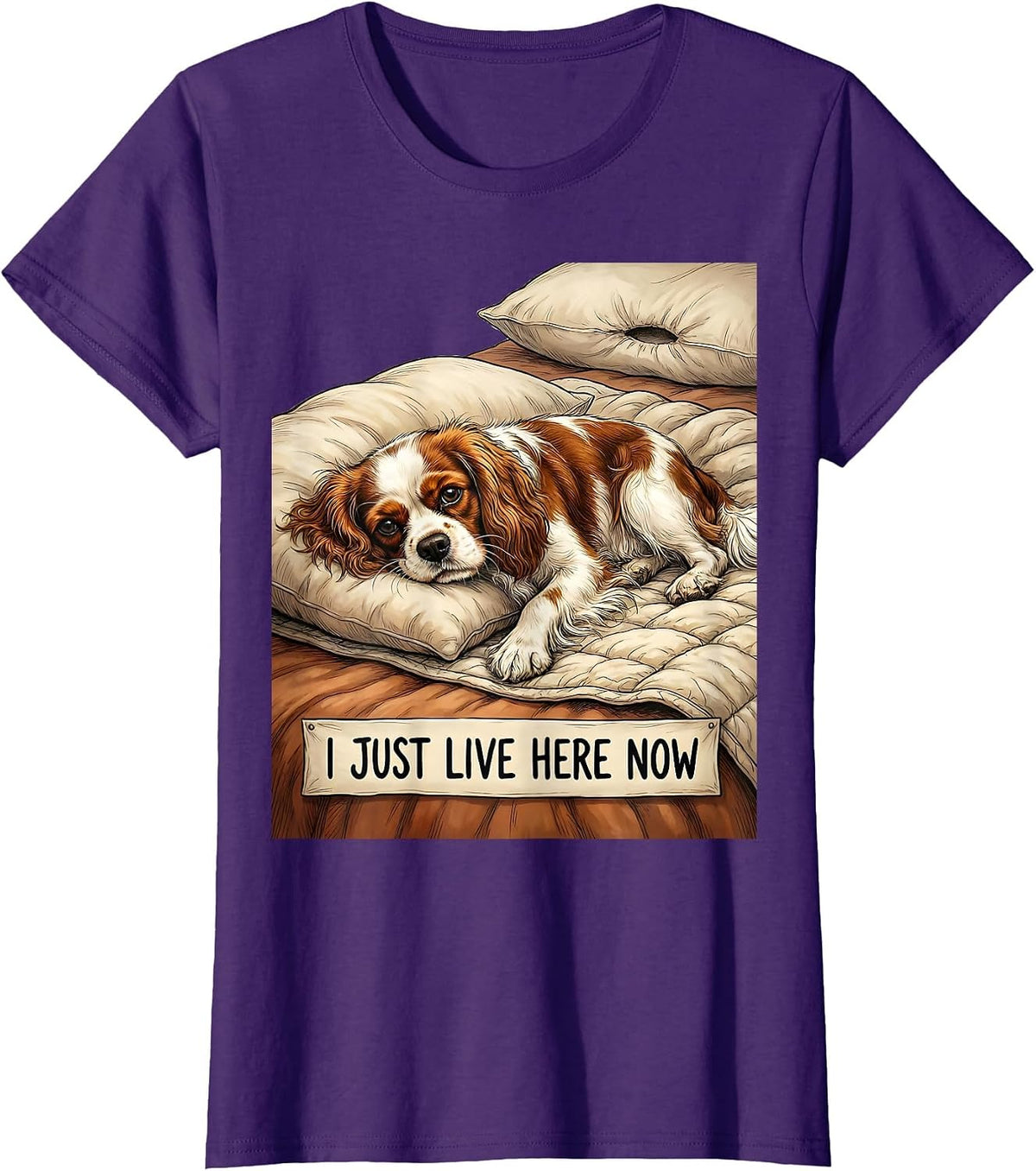 Women's I Just Live Here Now Cozy Cavalier King Charles Spaniel Dog T-Shirt - Purple