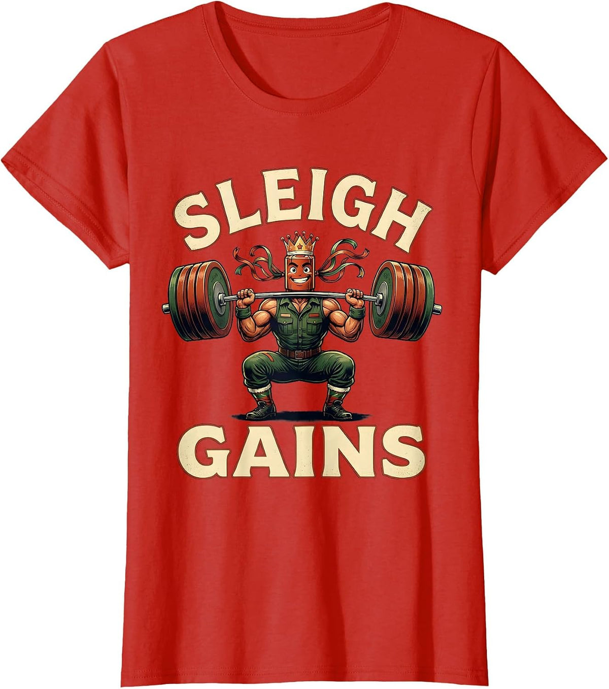 Sleigh Gains Vintage Funny Christmas Gym Workout T-Shirt - Red