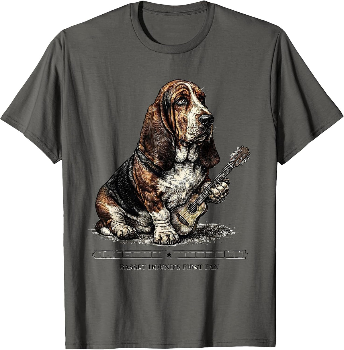 Men's Basset Hound's First Fan Crosshatch Etching Rock Music Dog T-Shirt - Asphalt Grey